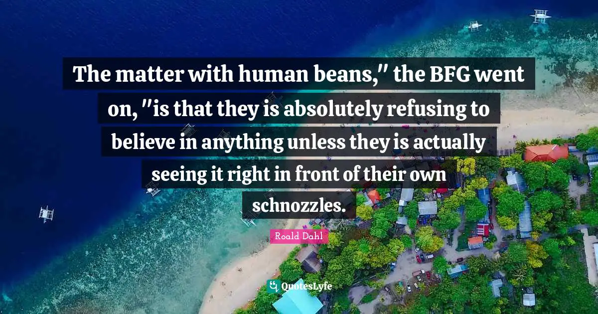 The matter with human beans," the BFG went on, "is that they is absolutely refusing to believe in anything unless they is actually seeing it right in front of their own schnozzles.