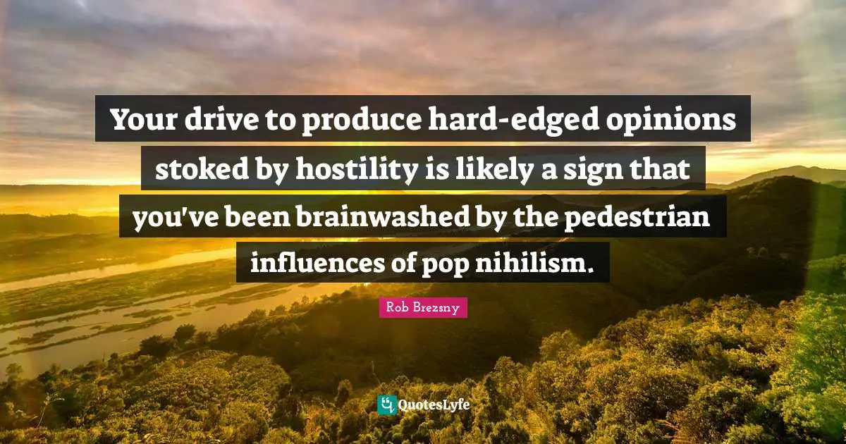 Your drive to produce hard-edged opinions stoked by hostility is likely a sign that you've been brainwashed by the pedestrian influences of pop nihilism.