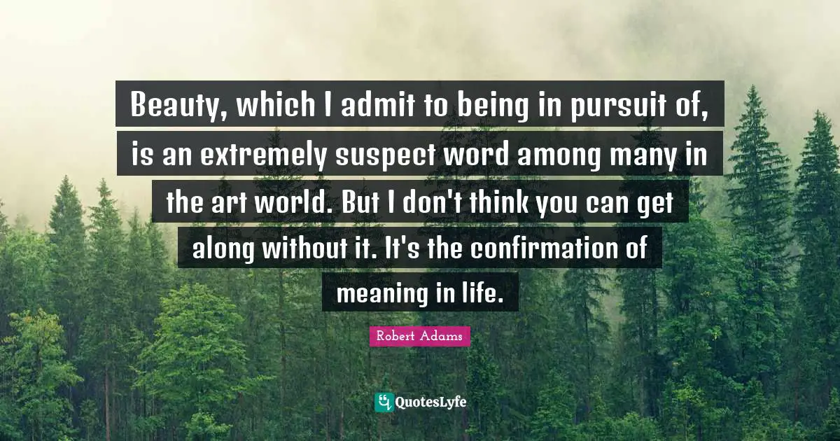 Robert Adams Quotes: "Beauty, which I admit to being in pursuit of, is an extremely suspect word among many in the art world. But I don't think you can get along without it. It's the confirmation of meaning in life."