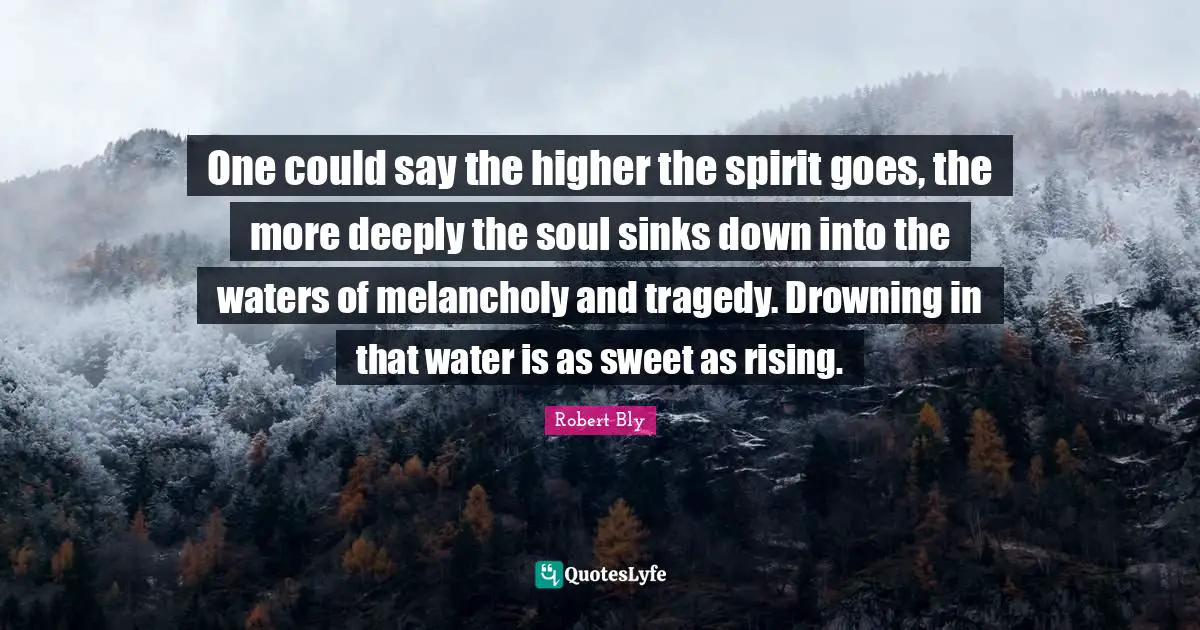Robert Bly Quotes: "One could say the higher the spirit goes, the more deeply the soul sinks down into the waters of melancholy and tragedy. Drowning in that water is as sweet as rising."