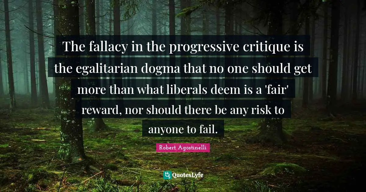 The fallacy in the progressive critique is the egalitarian dogma that no one should get more than what liberals deem is a 'fair' reward, nor should there be any risk to anyone to fail.