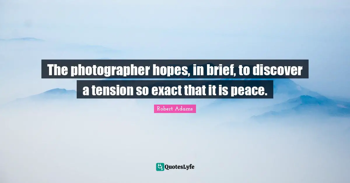 Robert Adams Quotes: "The photographer hopes, in brief, to discover a tension so exact that it is peace."