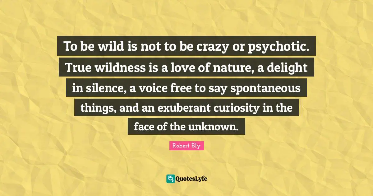 Robert Bly Quotes: "To be wild is not to be crazy or psychotic. True wildness is a love of nature, a delight in silence, a voice free to say spontaneous things, and an exuberant curiosity in the face of the unknown."