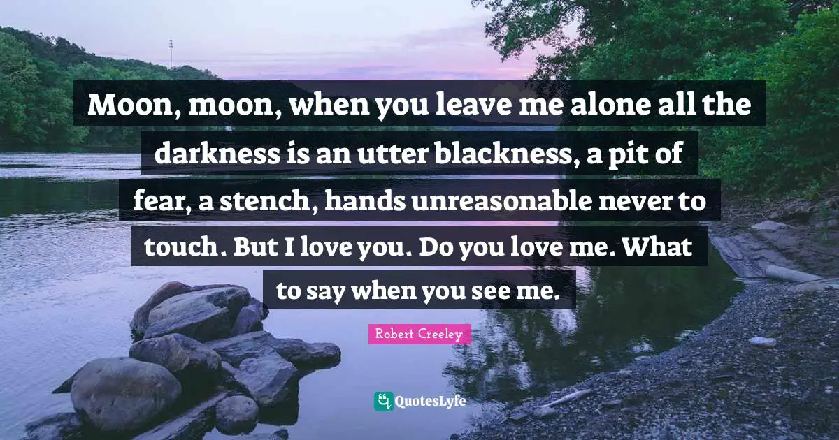 Moon, moon, when you leave me alone all the darkness is an utter blackness, a pit of fear, a stench, hands unreasonable never to touch. But I love you. Do you love me. What to say when you see me.