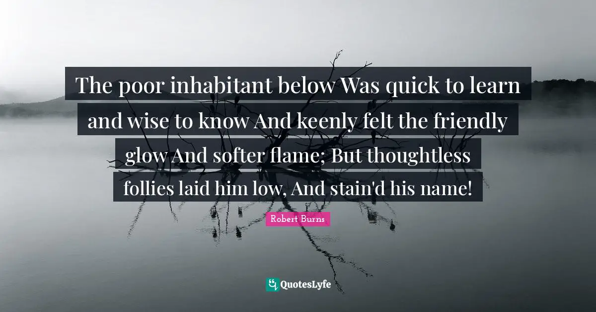 The poor inhabitant below Was quick to learn and wise to know And keenly felt the friendly glow And softer flame; But thoughtless follies laid him low, And stain'd his name!