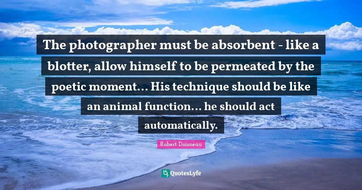 Robert Doisneau Quotes: "The photographer must be absorbent - like a blotter, allow himself to be permeated by the poetic moment... His technique should be like an animal function... he should act automatically."