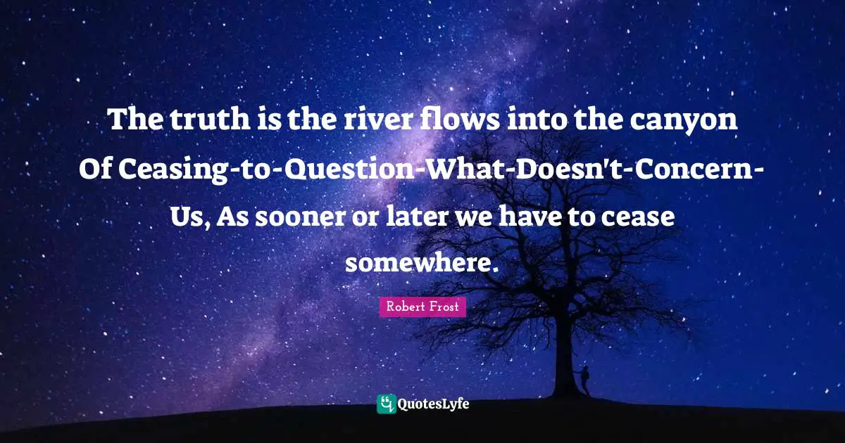 The truth is the river flows into the canyon Of Ceasing-to-Question-What-Doesn't-Concern-Us, As sooner or later we have to cease somewhere.