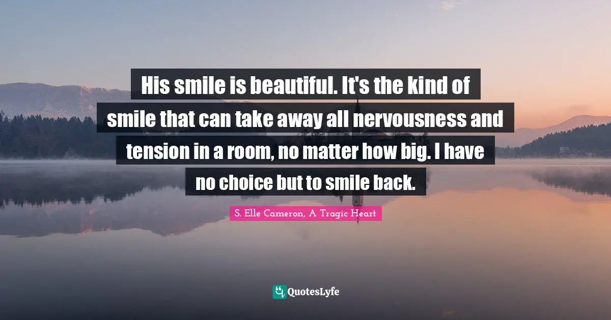 His smile is beautiful. It's the kind of smile that can take away all nervousness and tension in a room, no matter how big. I have no choice but to smile back.