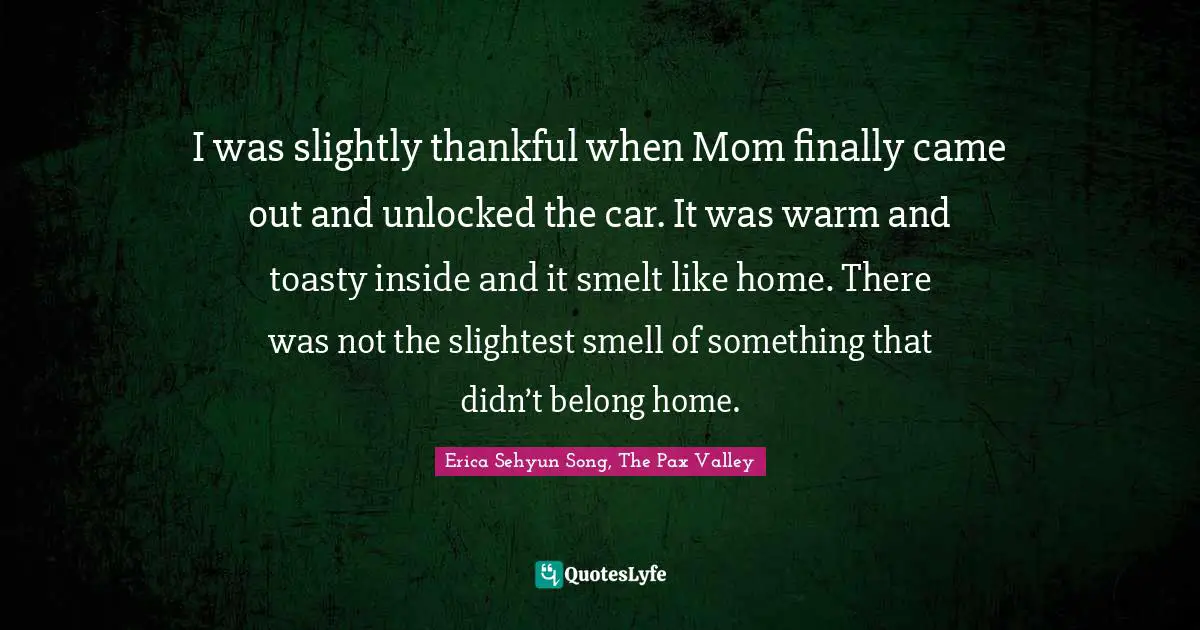 I was slightly thankful when Mom finally came out and unlocked the car. It was warm and toasty inside and it smelt like home. There was not the slightest smell of something that didn’t belong home.