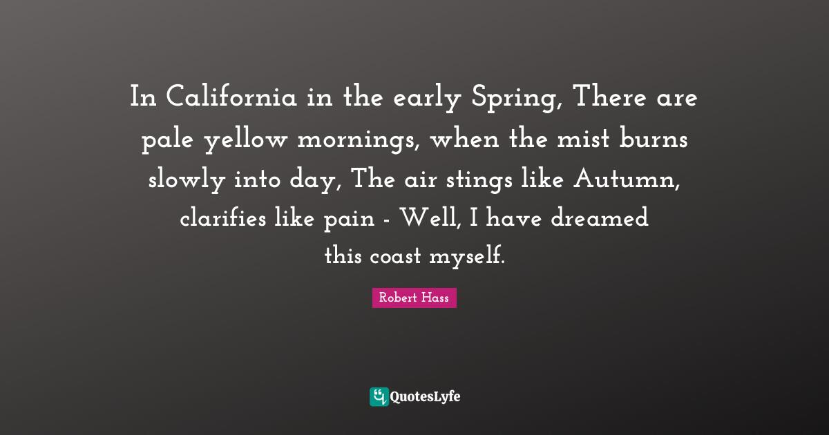 In California in the early Spring, There are pale yellow mornings, when the mist burns slowly into day, The air stings like Autumn, clarifies like pain - Well, I have dreamed this coast myself.
