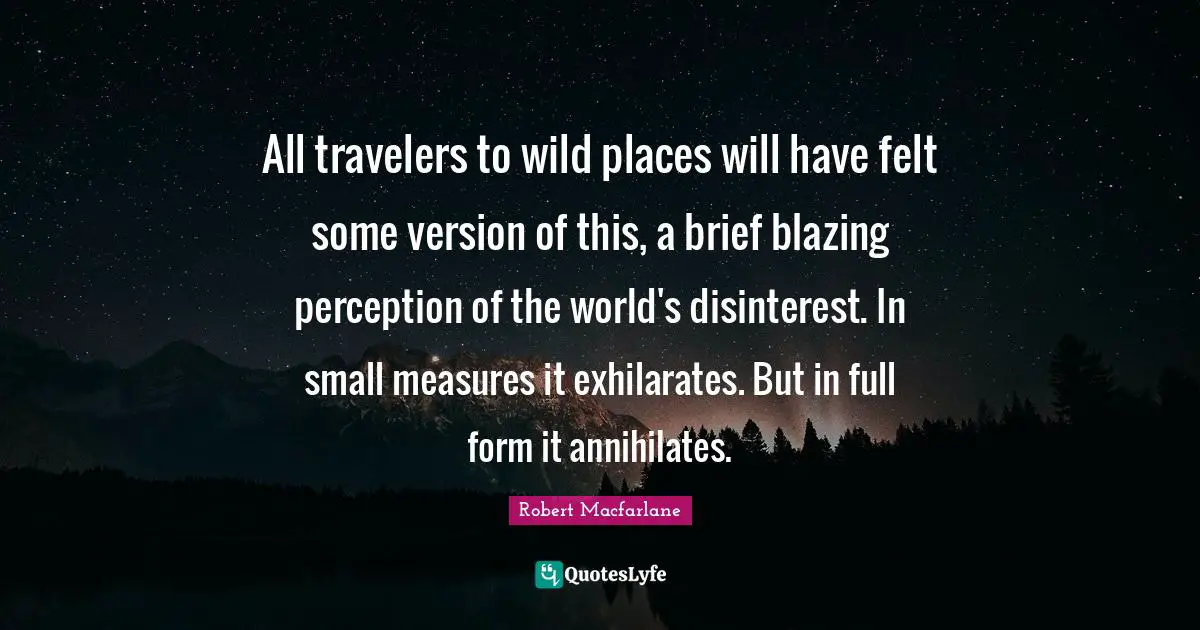 All travelers to wild places will have felt some version of this, a brief blazing perception of the world's disinterest. In small measures it exhilarates. But in full form it annihilates.