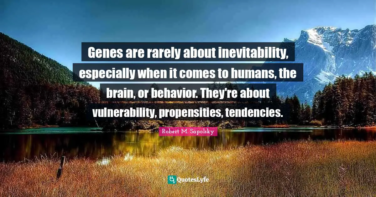 Robert M. Sapolsky Quotes: "Genes are rarely about inevitability, especially when it comes to humans, the brain, or behavior. They're about vulnerability, propensities, tendencies."