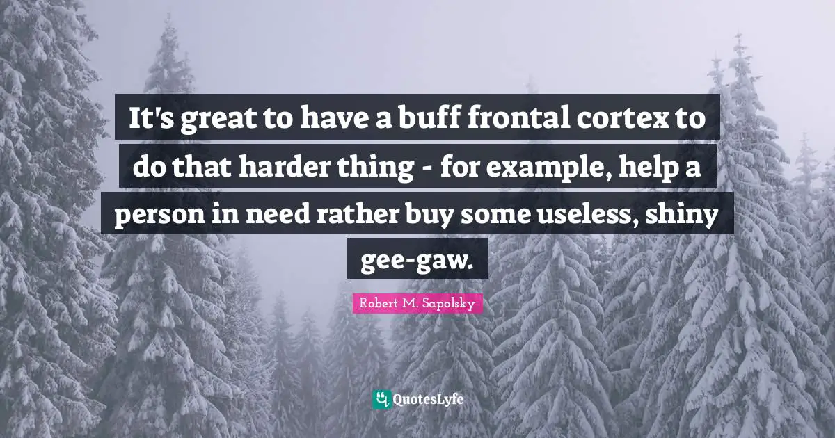 Robert M. Sapolsky Quotes: "It's great to have a buff frontal cortex to do that harder thing - for example, help a person in need rather buy some useless, shiny gee-gaw."