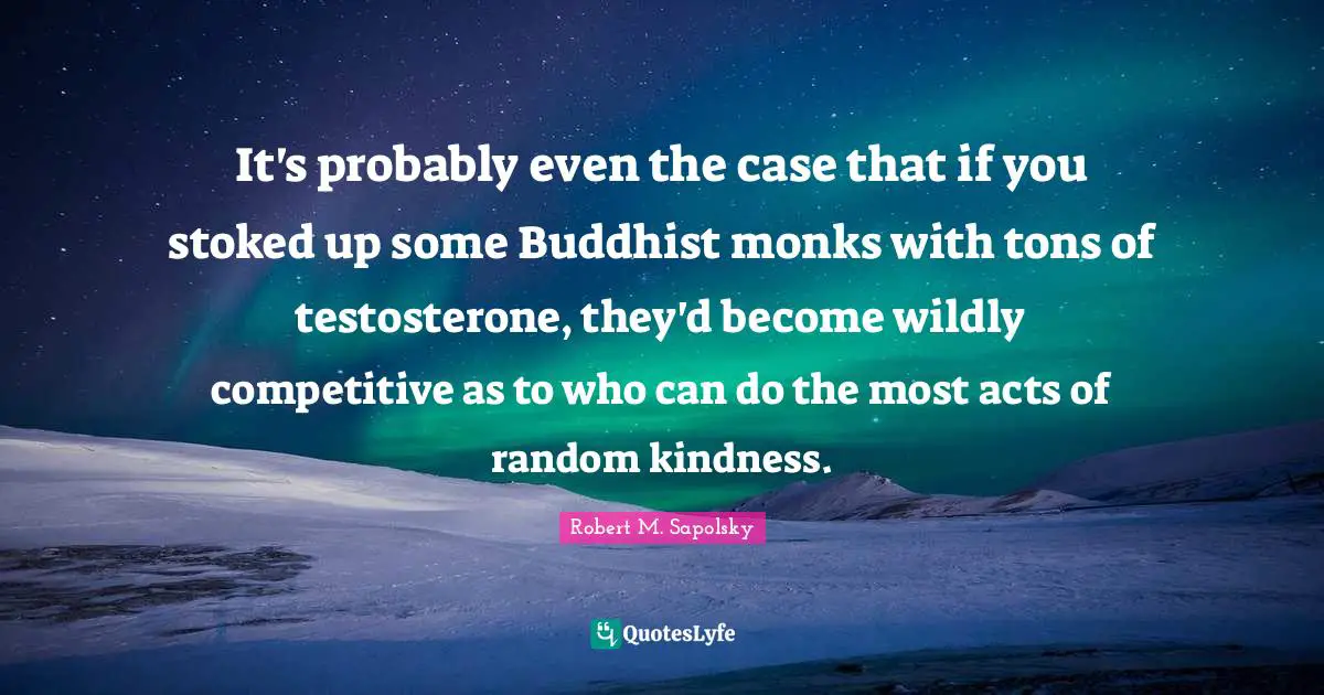 Robert M. Sapolsky Quotes: "It's probably even the case that if you stoked up some Buddhist monks with tons of testosterone, they'd become wildly competitive as to who can do the most acts of random kindness."