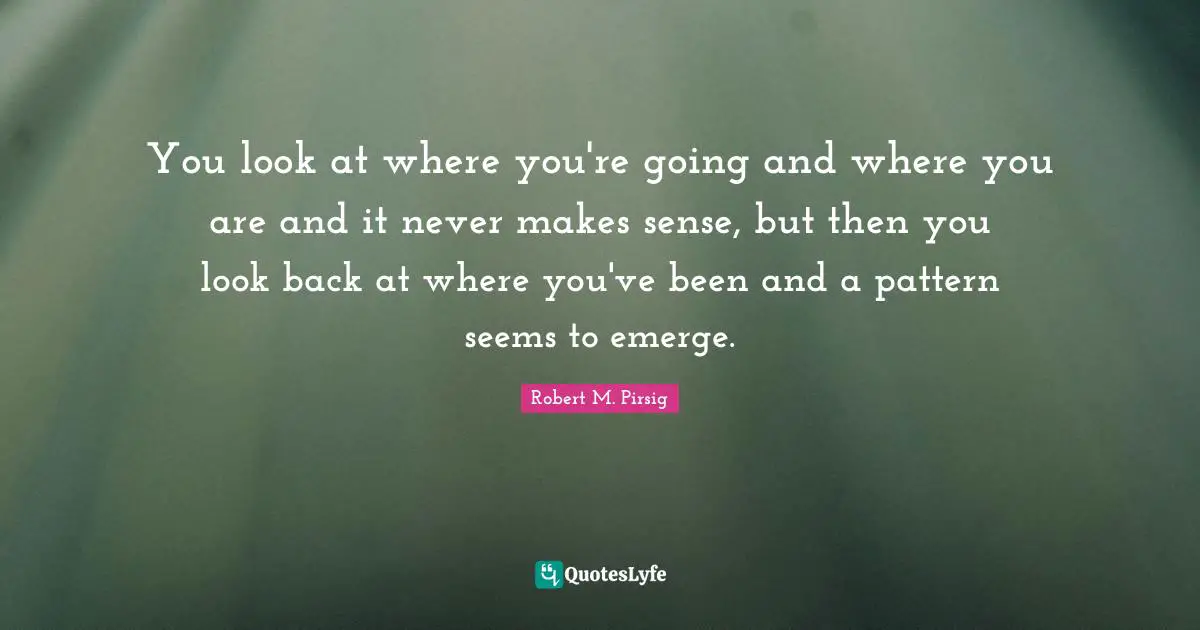You look at where you're going and where you are and it never makes sense, but then you look back at where you've been and a pattern seems to emerge.