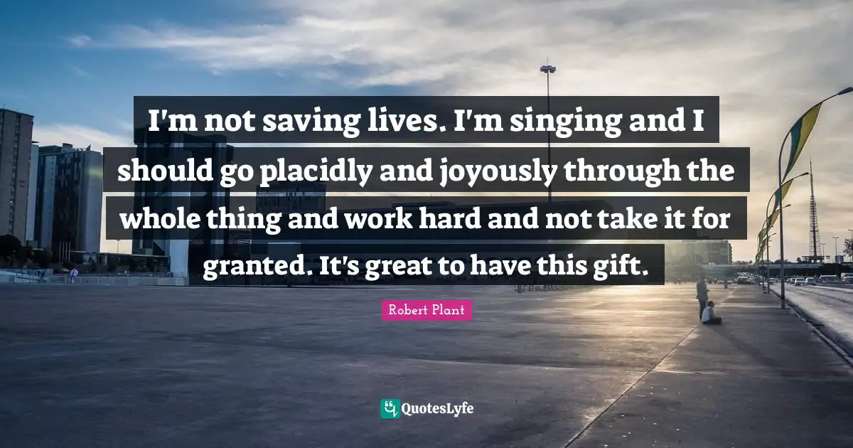 I'm not saving lives. I'm singing and I should go placidly and joyously through the whole thing and work hard and not take it for granted. It's great to have this gift.