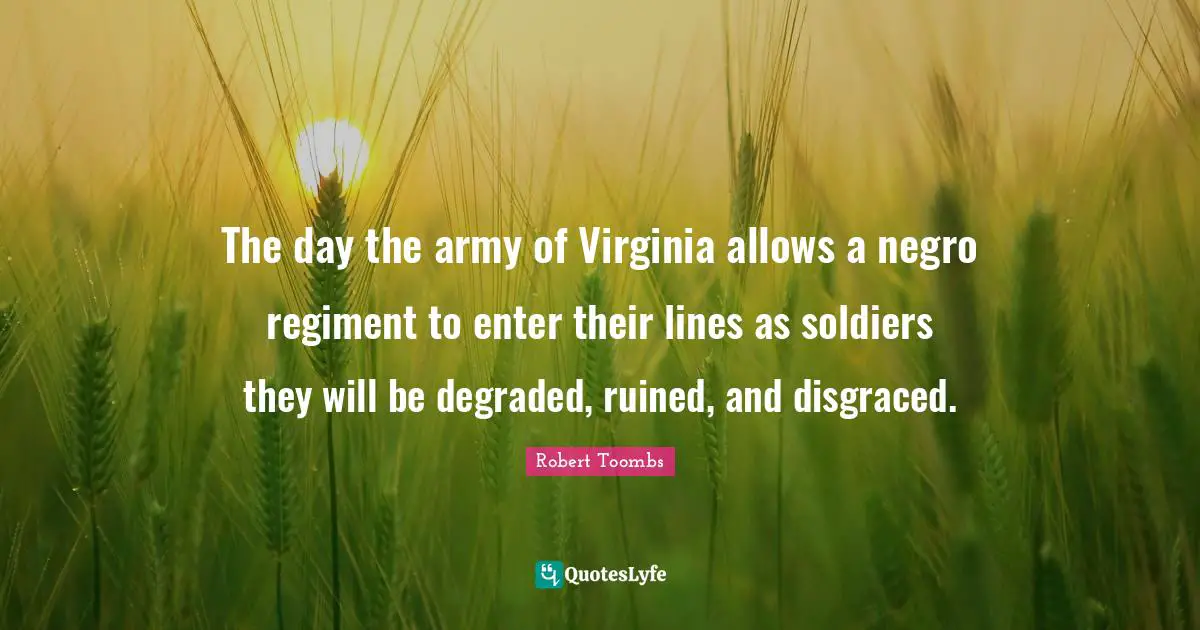 Robert Toombs Quotes: "The day the army of Virginia allows a negro regiment to enter their lines as soldiers they will be degraded, ruined, and disgraced."