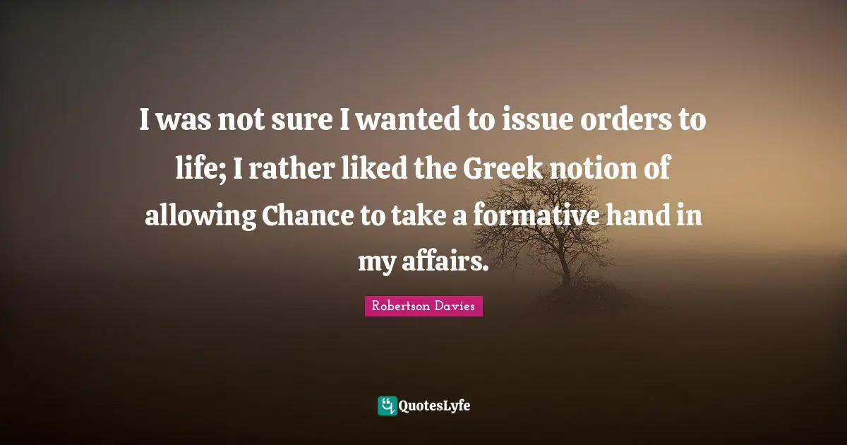 I was not sure I wanted to issue orders to life; I rather liked the Greek notion of allowing Chance to take a formative hand in my affairs.