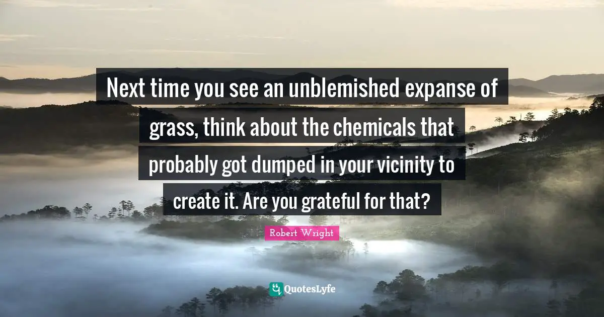 Vicinity Quotes: "Next time you see an unblemished expanse of grass, think about the chemicals that probably got dumped in your vicinity to create it. Are you grateful for that?"