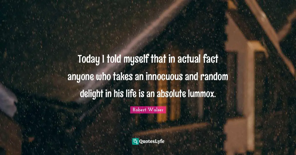 Today I told myself that in actual fact anyone who takes an innocuous and random delight in his life is an absolute lummox.