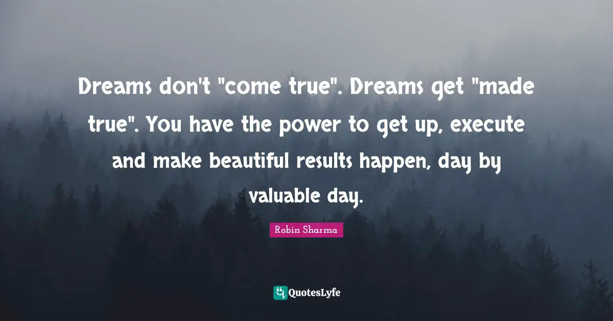 Dreams don't "come true". Dreams get "made true". You have the power to get up, execute and make beautiful results happen, day by valuable day.