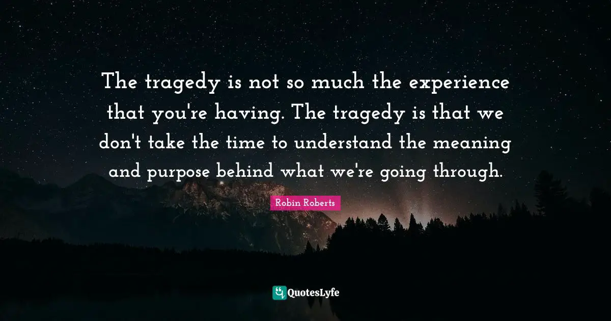 Robin Roberts Quotes: "The tragedy is not so much the experience that you're having. The tragedy is that we don't take the time to understand the meaning and purpose behind what we're going through."