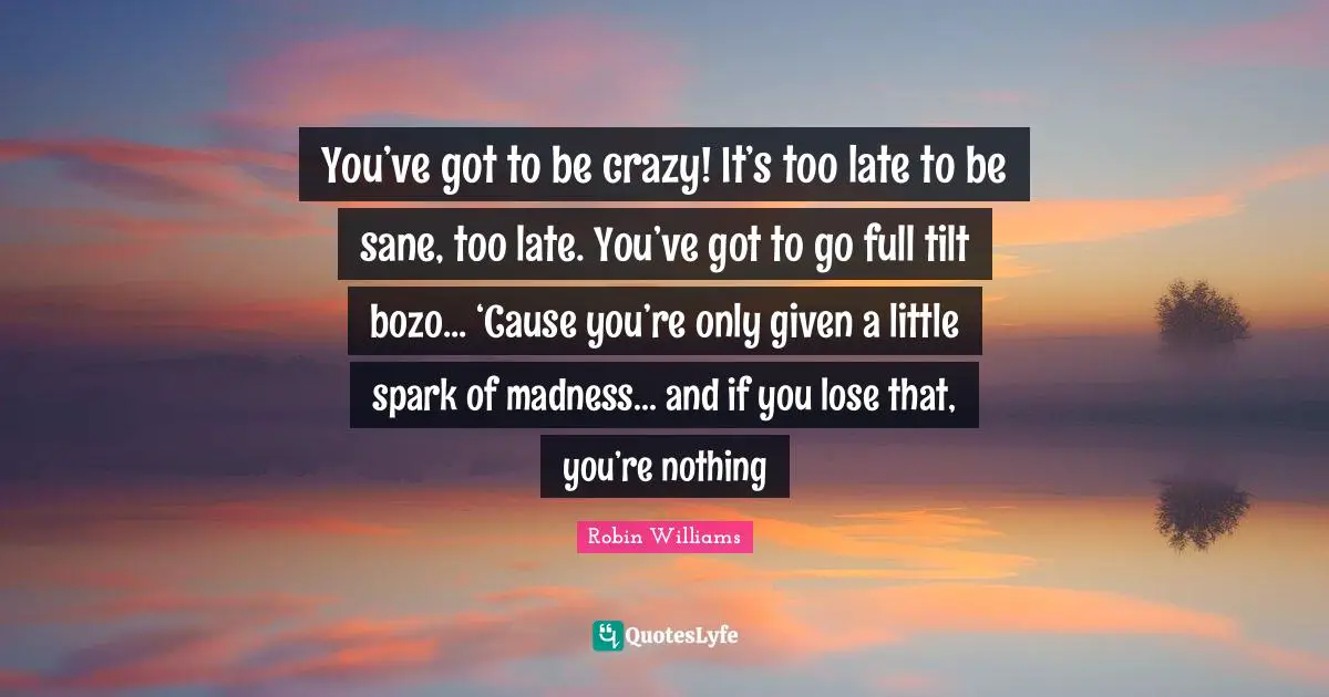 You’ve got to be crazy! It’s too late to be sane, too late. You’ve got to go full tilt bozo... ‘Cause you’re only given a little spark of madness... and if you lose that, you’re nothing