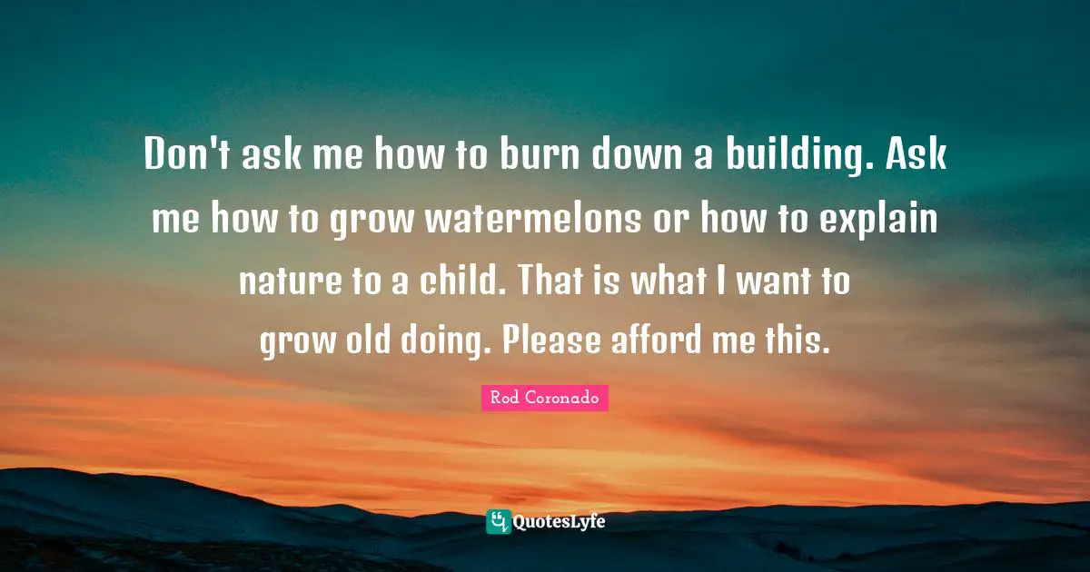 Don't ask me how to burn down a building. Ask me how to grow watermelons or how to explain nature to a child. That is what I want to grow old doing. Please afford me this.