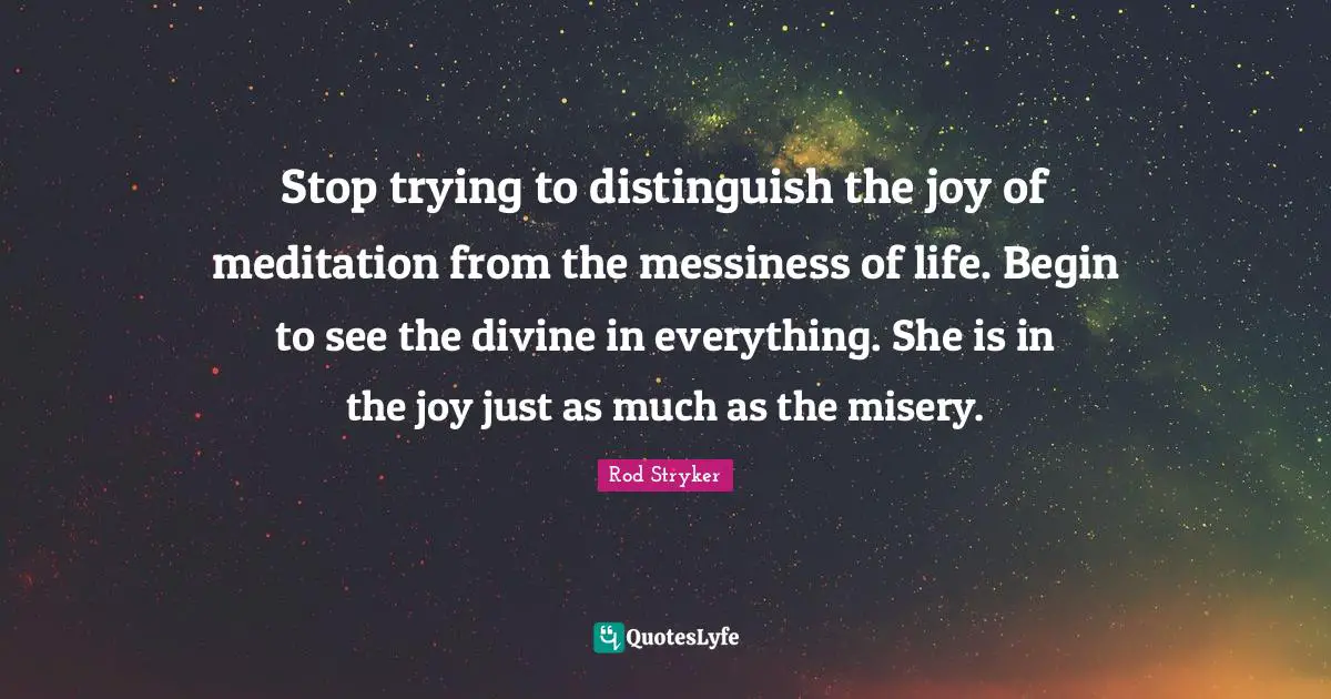 Messiness Quotes: "Stop trying to distinguish the joy of meditation from the messiness of life. Begin to see the divine in everything. She is in the joy just as much as the misery."