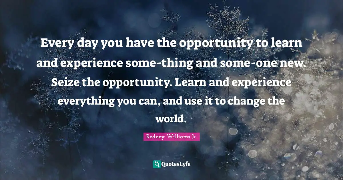 Seize Quotes: "Every day you have the opportunity to learn and experience some-thing and some-one new. Seize the opportunity. Learn and experience everything you can, and use it to change the world."