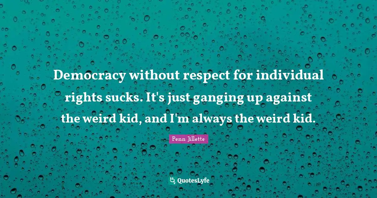 Democracy without respect for individual rights sucks. It's just ganging up against the weird kid, and I'm always the weird kid.