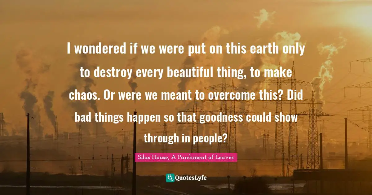 I wondered if we were put on this earth only to destroy every beautiful thing, to make chaos. Or were we meant to overcome this? Did bad things happen so that goodness could show through in people?