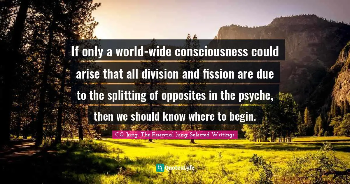 If only a world-wide consciousness could arise that all division and fission are due to the splitting of opposites in the psyche, then we should know where to begin.