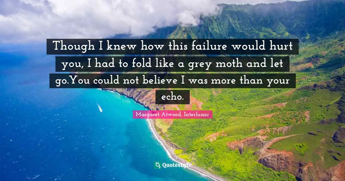 Though I knew how this failure would hurt you, I had to fold like a grey moth and let go.You could not believe I was more than your echo.