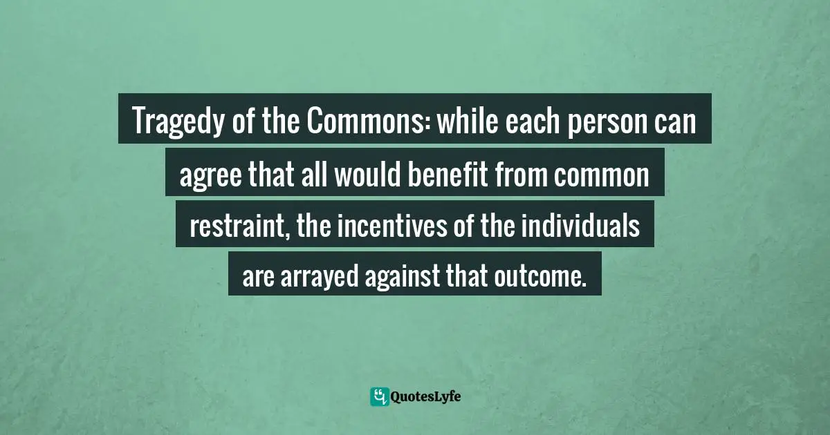 Tragedy of the Commons: while each person can agree that all would benefit from common restraint, the incentives of the individuals are arrayed against that outcome.