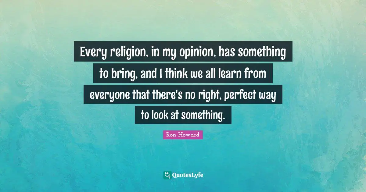 Every religion, in my opinion, has something to bring, and I think we all learn from everyone that there's no right, perfect way to look at something.