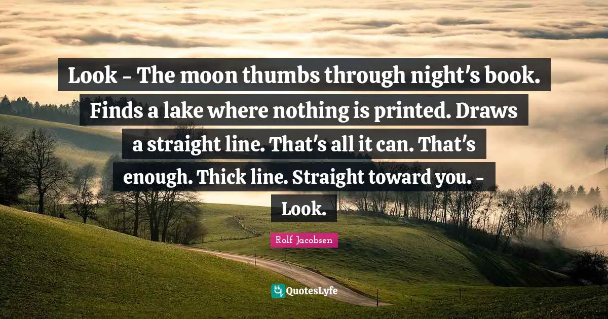 Look - The moon thumbs through night's book. Finds a lake where nothing is printed. Draws a straight line. That's all it can. That's enough. Thick line. Straight toward you. - Look.