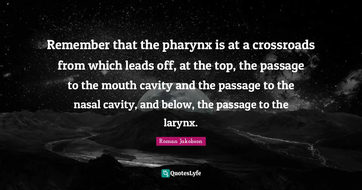 Remember that the pharynx is at a crossroads from which leads off, at the top, the passage to the mouth cavity and the passage to the nasal cavity, and below, the passage to the larynx.