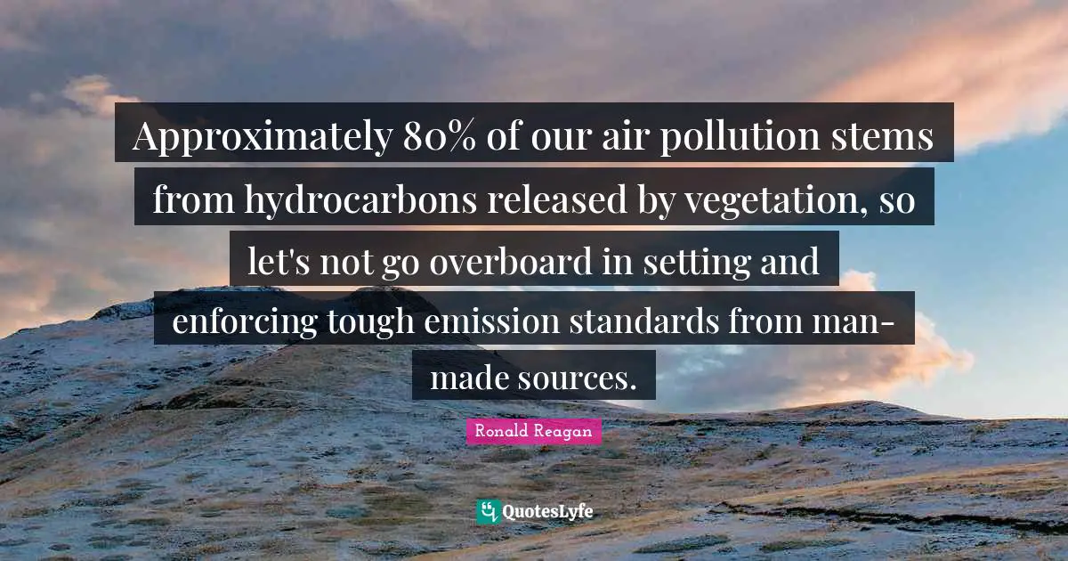 Ronald Reagan Quotes: Approximately 80% of our air pollution stems from hydrocarbons released by vegetation, so let's not go overboard in setting and enforcing tough emission standards from man-made sources.