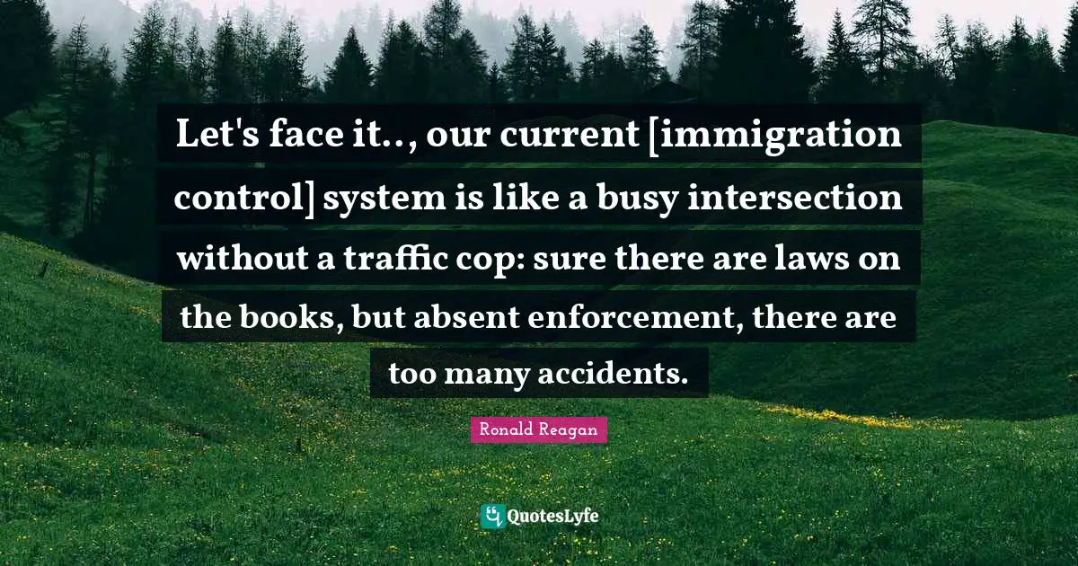 Let's face it.., our current [immigration control] system is like a busy intersection without a traffic cop: sure there are laws on the books, but absent enforcement, there are too many accidents.
