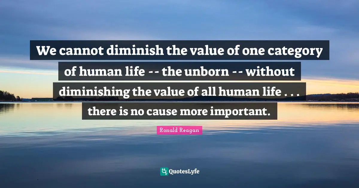 We cannot diminish the value of one category of human life -- the unborn -- without diminishing the value of all human life . . . there is no cause more important.