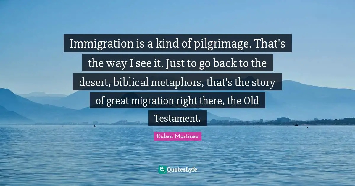 Immigration is a kind of pilgrimage. That's the way I see it. Just to go back to the desert, biblical metaphors, that's the story of great migration right there, the Old Testament.