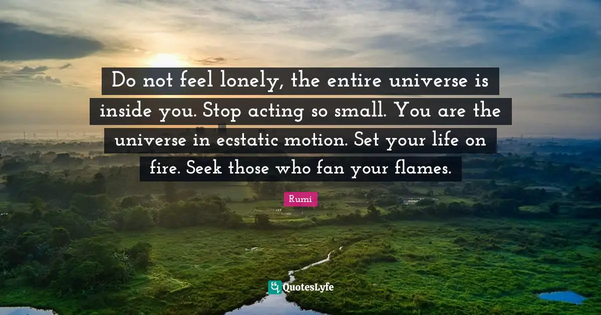 Ecstatic Quotes: "Do not feel lonely, the entire universe is inside you. Stop acting so small. You are the universe in ecstatic motion. Set your life on fire. Seek those who fan your flames."