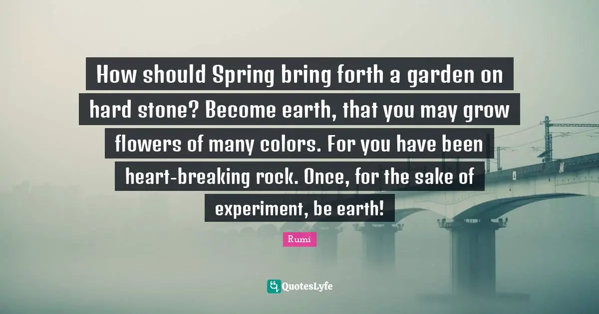 How should Spring bring forth a garden on hard stone? Become earth, that you may grow flowers of many colors. For you have been heart-breaking rock. Once, for the sake of experiment, be earth!