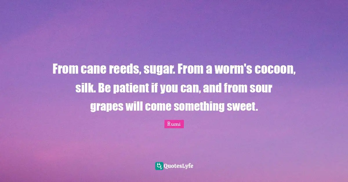 From cane reeds, sugar. From a worm's cocoon, silk. Be patient if you can, and from sour grapes will come something sweet.