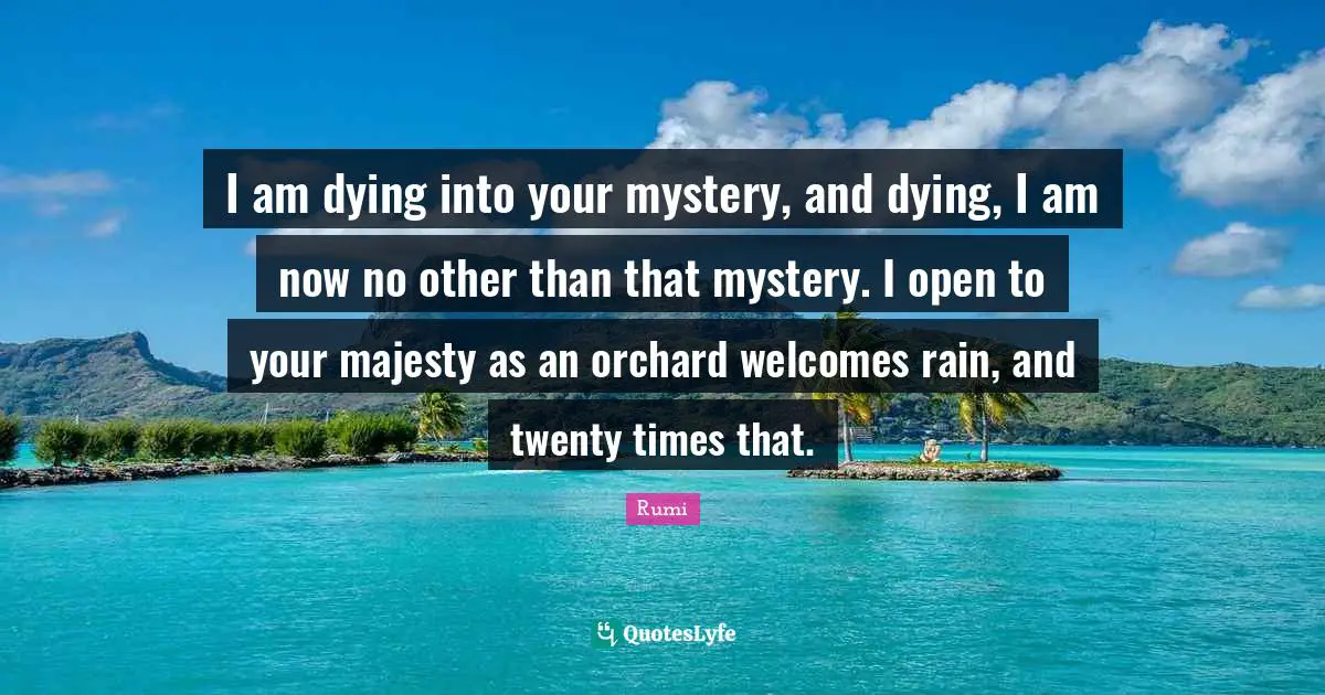 I am dying into your mystery, and dying, I am now no other than that mystery. I open to your majesty as an orchard welcomes rain, and twenty times that.