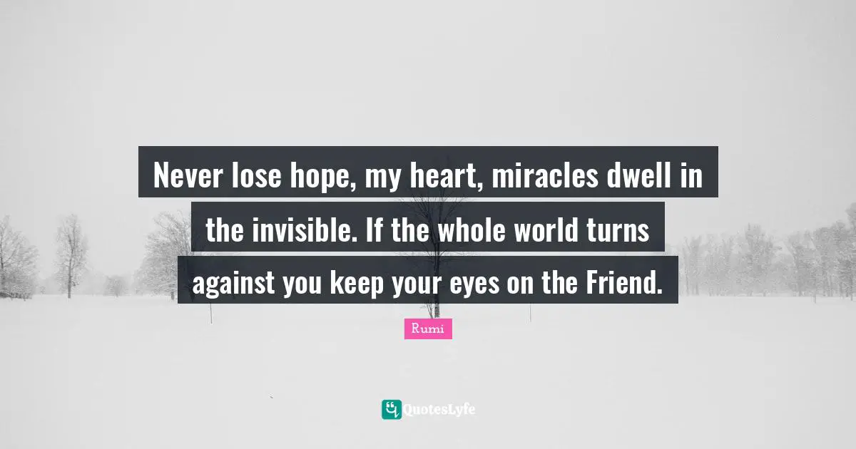 Never lose hope, my heart, miracles dwell in the invisible. If the whole world turns against you keep your eyes on the Friend.