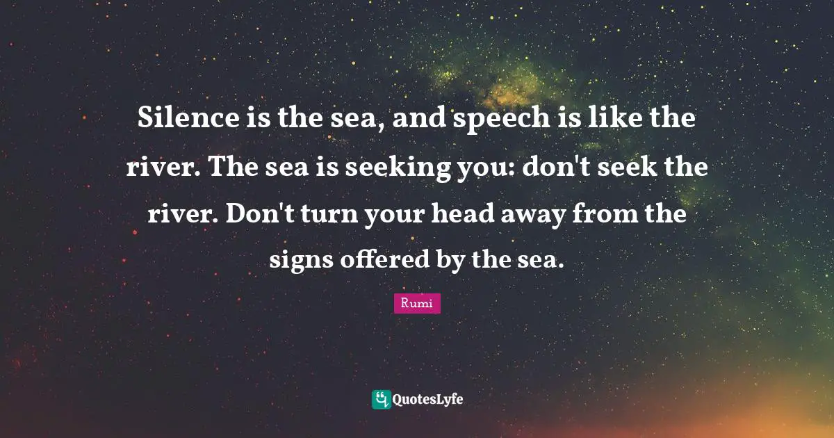 Silence is the sea, and speech is like the river. The sea is seeking you: don't seek the river. Don't turn your head away from the signs offered by the sea.