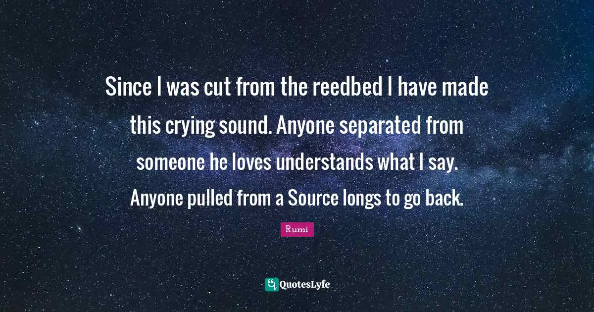 Since I was cut from the reedbed I have made this crying sound. Anyone separated from someone he loves understands what I say. Anyone pulled from a Source longs to go back.