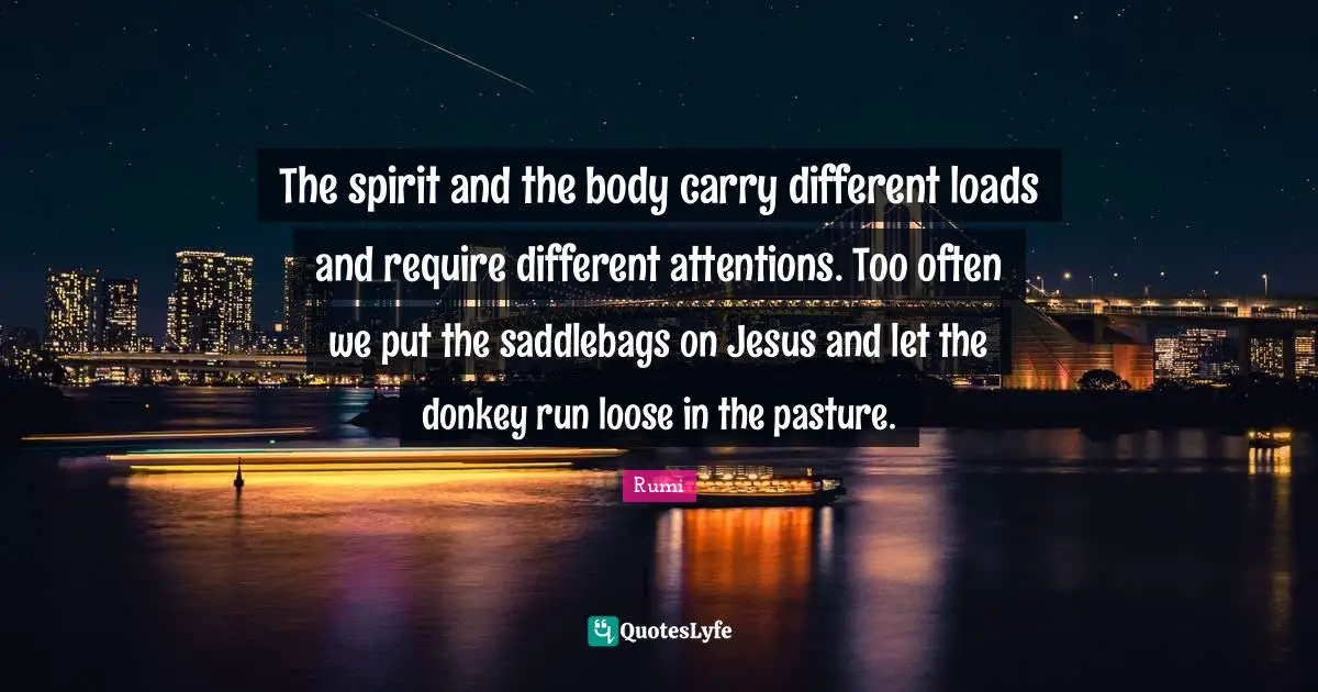 The spirit and the body carry different loads and require different attentions. Too often we put the saddlebags on Jesus and let the donkey run loose in the pasture.